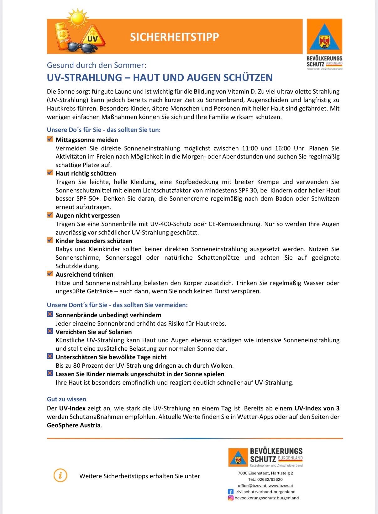 A poster with safety tips for UV protection, including avoiding direct sun exposure, using sunscreen, and protecting children's skin. The poster highlights the importance of hydration and avoiding sunburn.