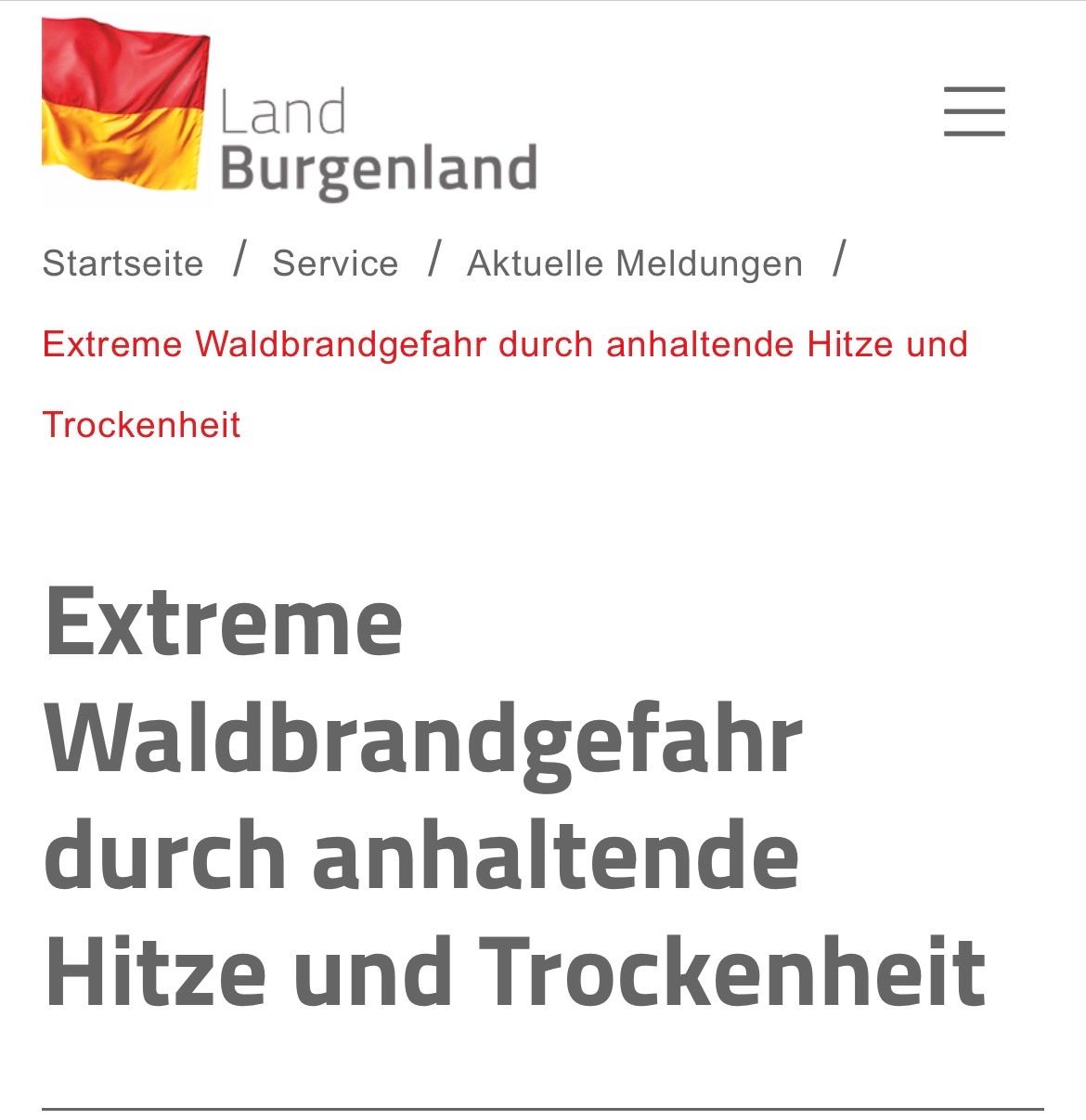 A white webpage with a German flag and text about extreme forest fire risk due to heat and dryness.