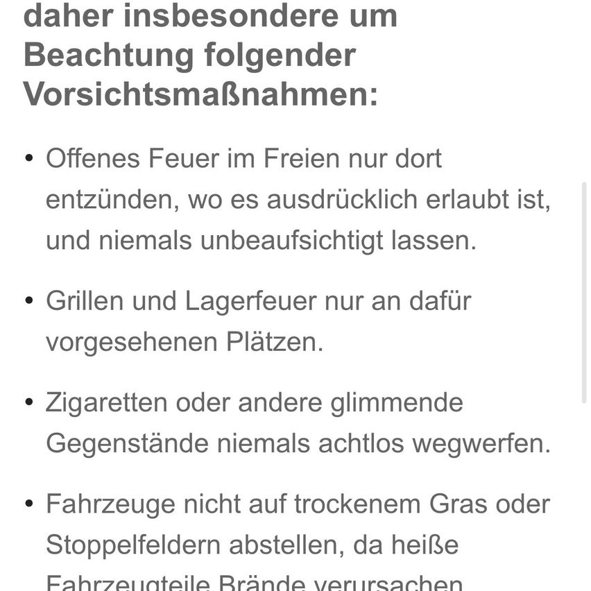 A white background with black text listing safety precautions for open fires, grills, and cigarettes, emphasizing the importance of supervision and designated areas.