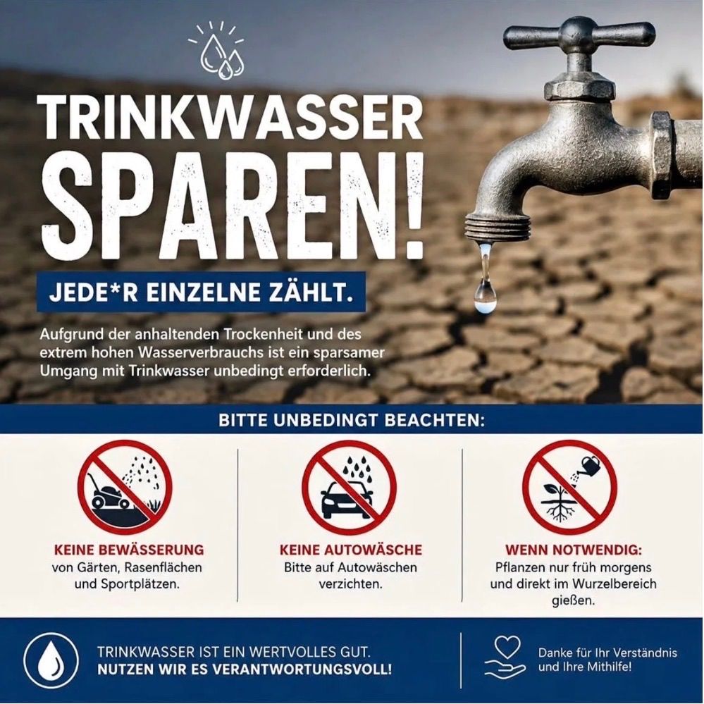Poster with a faucet dripping water, emphasizing the importance of conserving drinking water. It highlights the need to avoid watering gardens, washing cars, and watering plants unless necessary. It also encourages responsible use of drinking water.