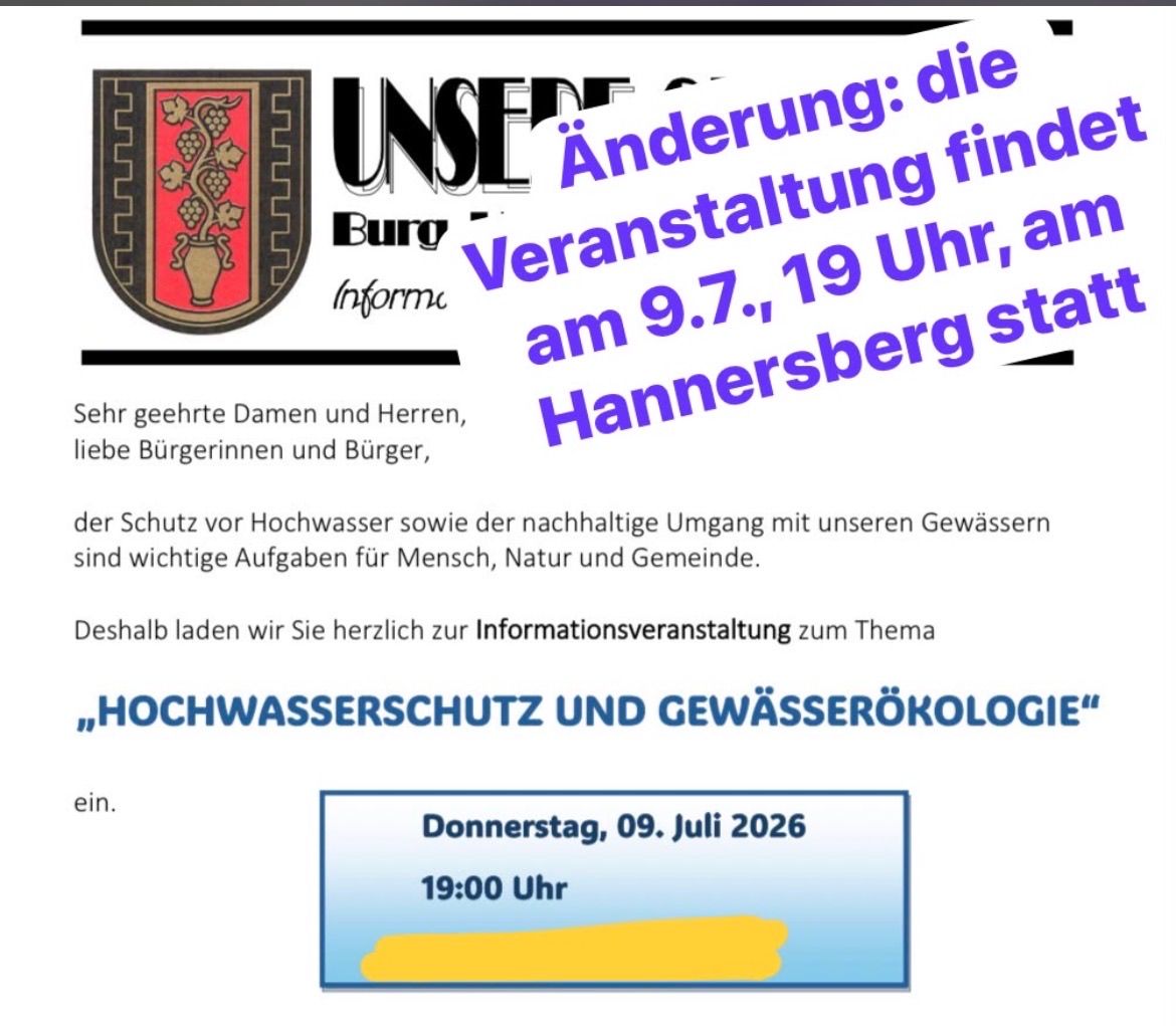 Plakat für eine UNSER Burg Informationsveranstaltung über Hochwasserschutz und Gewässerökologie. Es lädt Einwohner zu einer Informationsveranstaltung am 9. Juli 2026 um 19:19 Uhr ein.