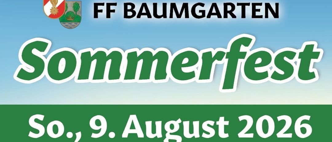 Plakat für ein Sommerfest in Wörth bei Gnas am 9. August 2026 mit einem leuchtend gelben Hintergrund, Text über das Ereignis und einem roten Fuchslogo.