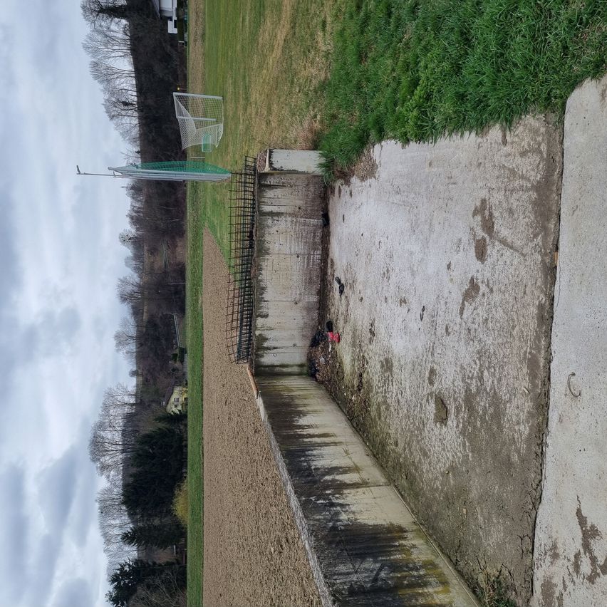 Auf einem Rasenfeld steht ein Fußballtor in der Nähe eines Pfades. Rechts führt eine befleckte Betonmauer zu einem Haus unter einem bewölkten Himmel.