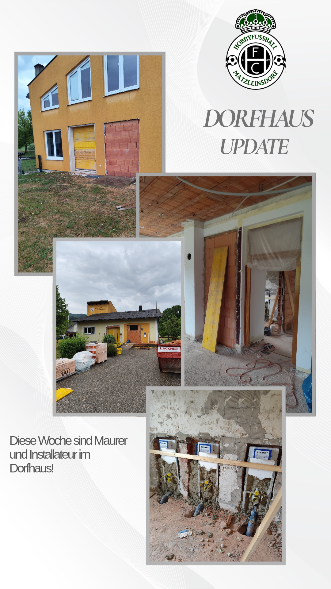 A collage of images showing different stages of a house renovation, including exterior and interior construction work. The top left shows a yard, the top right a ceiling, the bottom left a driveway, and the bottom right an interior with exposed walls and materials.