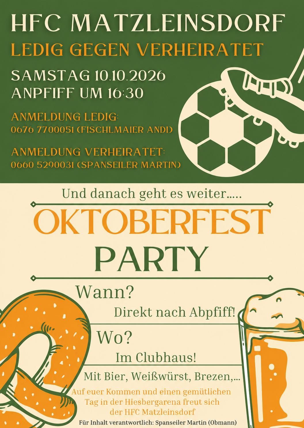 Poster for an Octoberfest party, featuring a soccer ball, a shoe, and a pretzel. The event is on Saturday, October 10, 2026, starting at 4:30 PM. Registration is open.