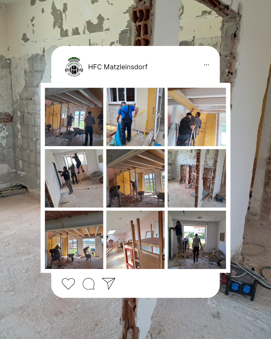 A collage of images showing various stages of construction work at HFC Matzleinsdorf. The images depict workers in different settings, such as indoors and outdoors, performing tasks like installing windows, laying bricks, and handling materials.