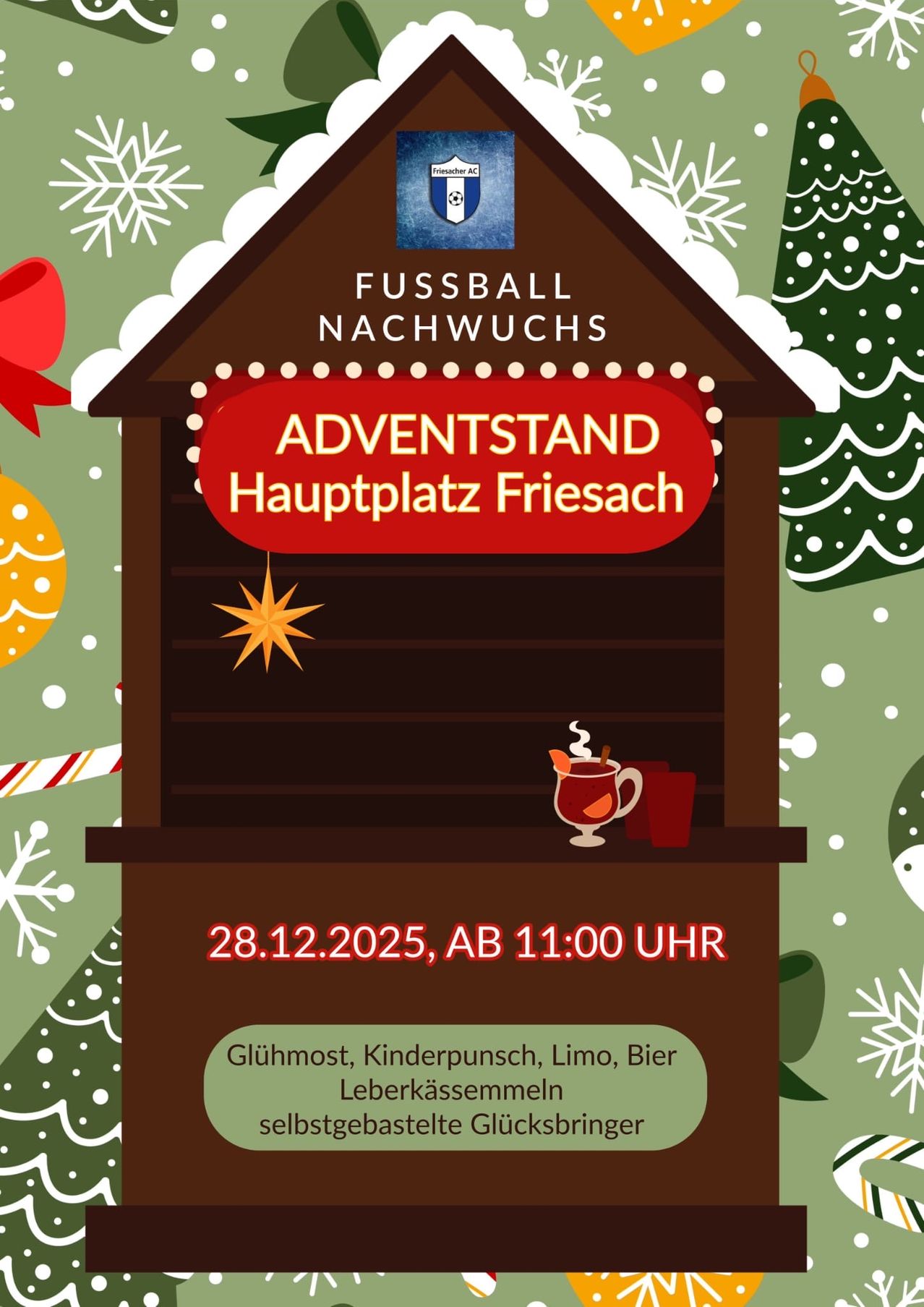 Werbung für das Fussball Naichwuch-Event am 28.12.2025 ab 11:00 Uhr. Das Plakat zeigt ein gemütliches Hüttenmotiv mit Glühwein und weihnachtlicher Atmosphäre.