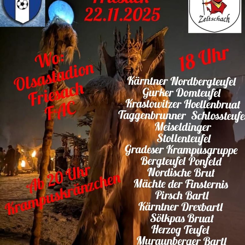 Poster for an event featuring various devils in costumes. Date is 22.11.2025. Times: 18 and 20 Uhr. Location: Olsastadion Friesach. Several devil groups mentioned.