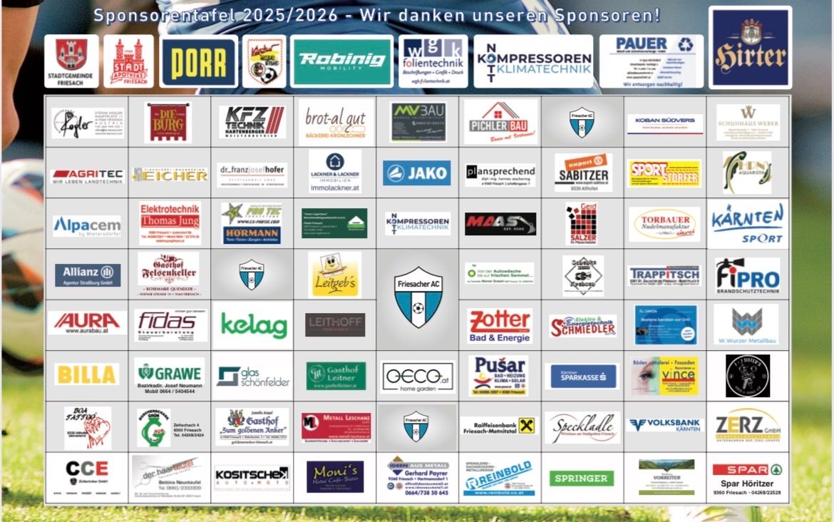 Ein Plakat aus der Saison 2025/2026 mit verschiedenen Sponsorenlogos und Texten. Es enthält Marken wie DORR, Robinig, MV3AU, Pichler Bau, Dr. Franz Josef Hofer, Jako und viele mehr. Der Hintergrund ist eine Mischung aus Blau und Weiß.