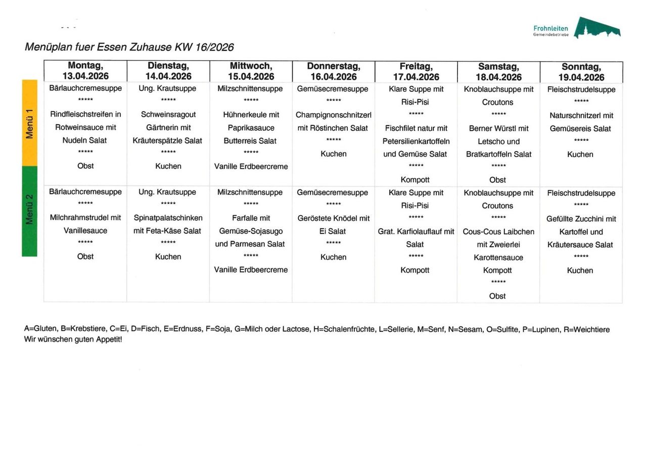 Die Tabelle zeigt ein Menü für ein Haus in Essen für die Woche vom 11. April 2026. Das Menü enthält verschiedene Gerichte für Frühstück, Mittag- und Abendessen, mit aufgeführten Zutaten.