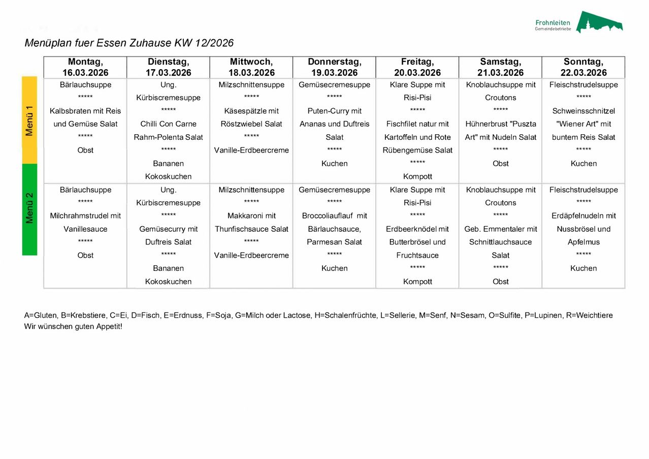 Weekly menu for Essen Zuhause from March 17 to 21, 2026. Includes various soups, salads, and main dishes with allergen information.