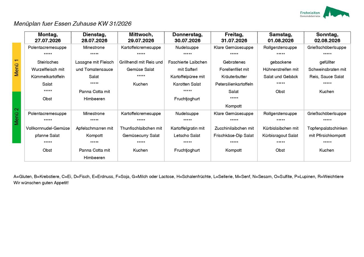 Weekly meal plan for the week of July 26, 2026, listing meals for each day from Monday to Sunday, including ingredients and allergens.