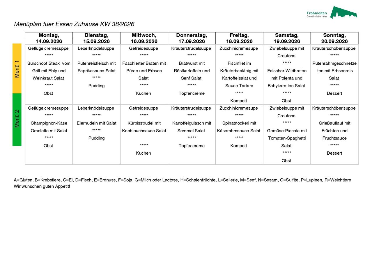 Ein wöchentlicher Speiseplan für die Woche vom 15. September 2026 beinhaltet Mahlzeiten für jeden Tag von Montag bis Sonntag, mit vermerkten Zutaten und Allergenen.