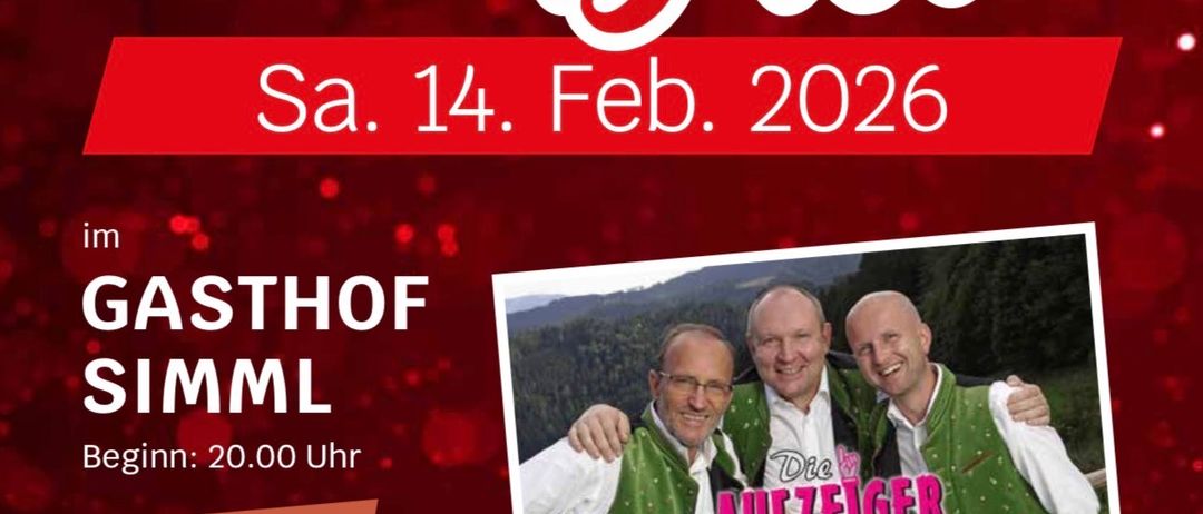 Plakat für den Feuerwehrball am 14. Februar 2026 im Gasthof Simml. Mit drei Männern und der Band 'Die Aufzeigers'. Eintritt: 8 €+.