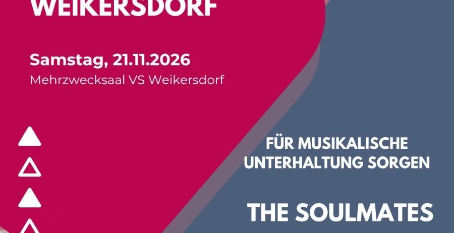 Poster zum 25. Jubiläum des Turnverein Weikersdorf. Geplant für Samstag, 21. November 2026, die Veranstaltung wird ein Spiel zwischen Mehrzwecksaal und Weikersdorf beinhalten. Organisiert für musikalische Unterhaltung verspricht die Veranstaltung ein entzückendes Erlebnis. Weitere Informationen folgen.