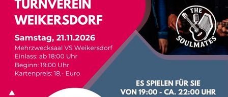 Plakat für ein Konzert-Event mit The Soulmates, Janine und Andi Pilhar, im Turnverein Weikersdor. Das Event findet am Samstag, 21. November 2026, ab 19:00 Uhr statt. Der Kartenpreis beträgt 18 Euro.
