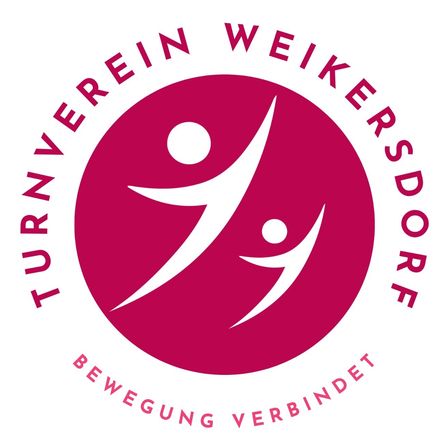 Logo des Turnverein Weikersdoerf mit einem roten Kreis und einer Figur von zwei sich umarmenden Personen, der Text lautet: 'Turnverein Weikersdoerf, Bewegung verbindet'.