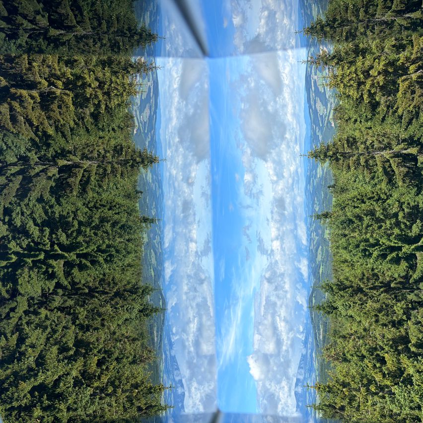 Luftaufnahme aus einem Hubschrauber mit üppigen grünen Bäumen und blauem Himmel mit verstreuten Wolken. Das Bild ist gespiegelt und erzeugt einen symmetrischen Effekt.