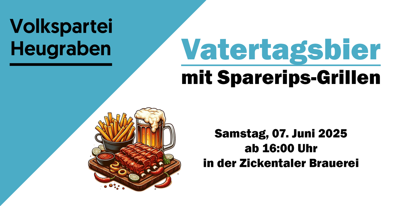 Plakat für Vatertag mit Bierkrug, Rippchen und Pommes. Veranstaltung am Samstag, 7. Juli um 16 Uhr in Zickenthale.