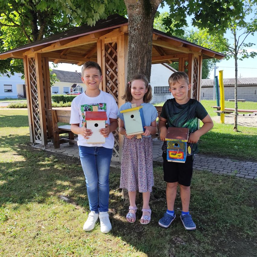 Drei Kinder stehen unter einem Baum, jedes hält ein bemaltes Vogelhaus. Sie lächeln für ein Foto in einem Park mit einem hölzernen Pavillon im Hintergrund.