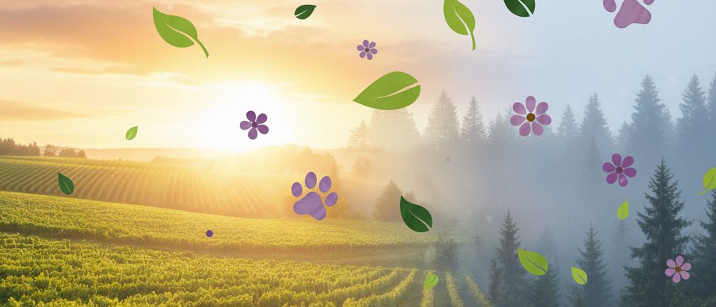 Ein leuchtendes grünes Feld mit einem Sonnenuntergang im Hintergrund. Verschiedene Blumen und Blätter sind im gesamten Bild verteilt. Der Text lautet 'Verein Besser Leben Bad Voeslau'.