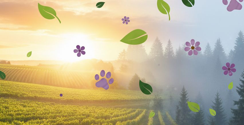 Ein leuchtendes grünes Feld mit einem Sonnenuntergang im Hintergrund. Verschiedene Blumen und Blätter sind im gesamten Bild verteilt. Der Text lautet 'Verein Besser Leben Bad Voeslau'.