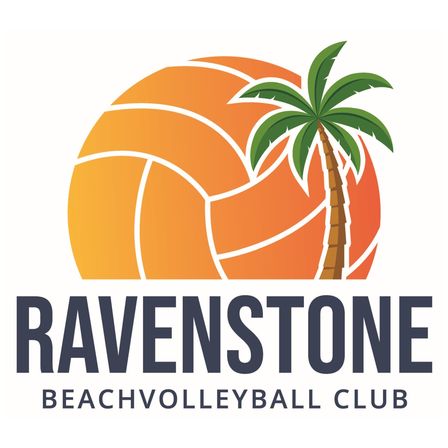 Das Ravenstone Beachvolleyball Club Logo zeigt einen leuchtend orangefarbenen Kreis mit einem Volleyball-Grafik und einer Palme auf der rechten Seite.