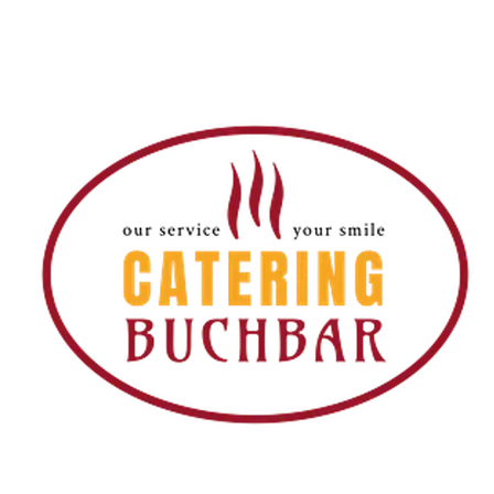 Ein kreisförmiges Logo mit rotem Umriss, das 'unser Service Ihr Lächeln' über 'CATERING BUCHBAR' zeigt. Es enthält drei gelbe Flammen.