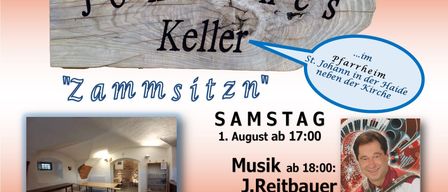 Ein Plakat für Johannes Kellers Zusammenkunft am Samstag, 1. August, mit einem Holzschild, einem Foto eines Raumes und einem lächelnden Mann, der Akkordeon spielt.