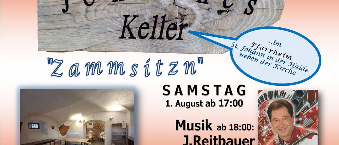 Ein Plakat für Johannes Kellers Zusammenkunft am Samstag, 1. August, mit einem Holzschild, einem Foto eines Raumes und einem lächelnden Mann, der Akkordeon spielt.