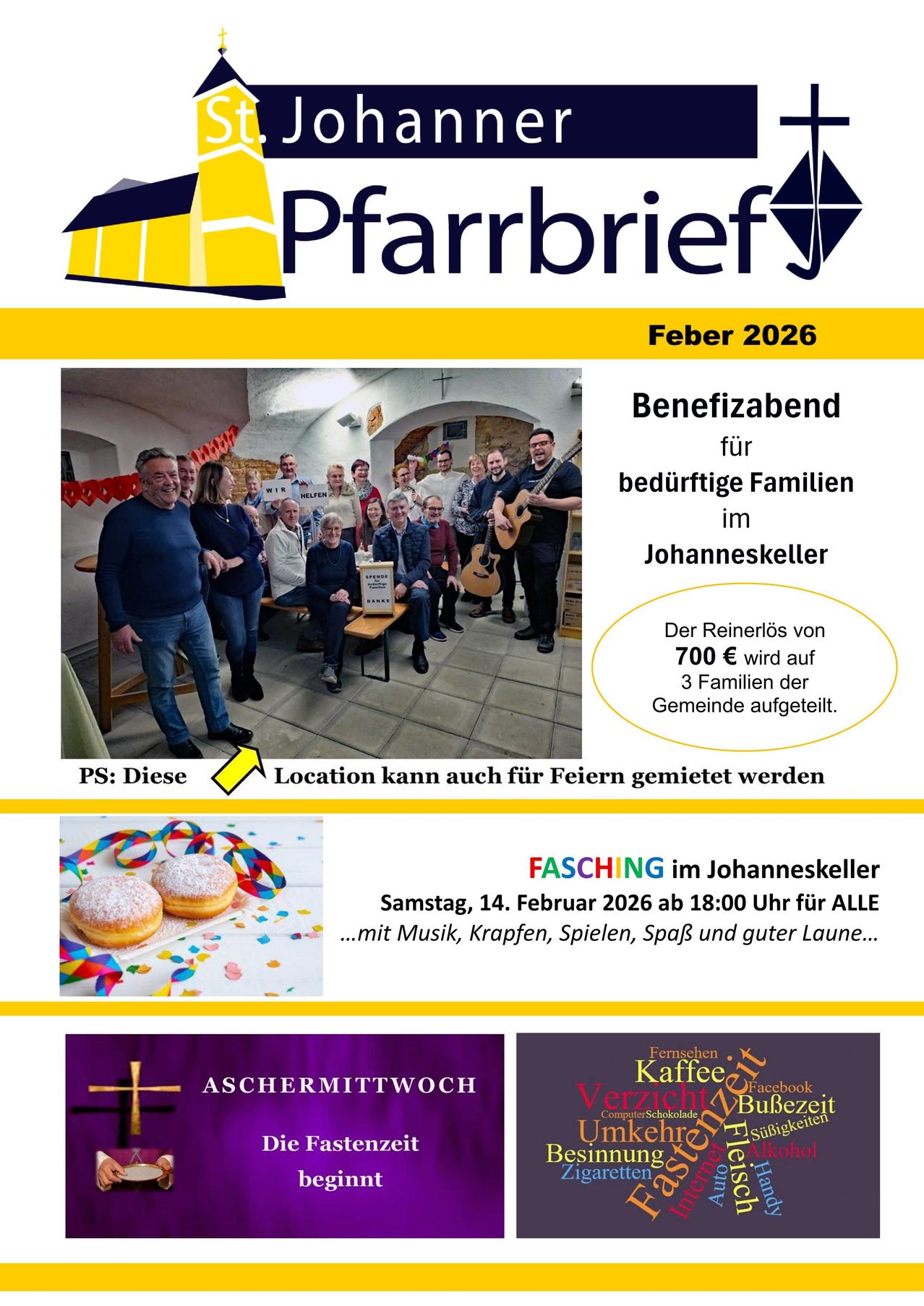 Plakat für Pfarrbrief Februar 2026, mit einem Wohltätigkeitsevent für Familien in Johanneskeller. Die Veranstaltung findet am Samstag, 14. Februar 2026, um 18:00 Uhr statt, mit Musik, Snacks, Spielen, Spaß und guter Laune. Der Veranstaltungsort kann auch für Feiern gemietet werden.