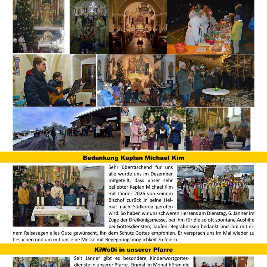 Eine Collage von Bildern zeigt verschiedene Szenen, darunter Menschen in der Kirche, Personen, die Instrumente spielen, und Gruppen von Menschen in festlicher Kleidung. Der untere Teil hebt eine Abschiedsveranstaltung für Bruder Michael Kim hervor, begleitet von Gebeten und Segnungen.