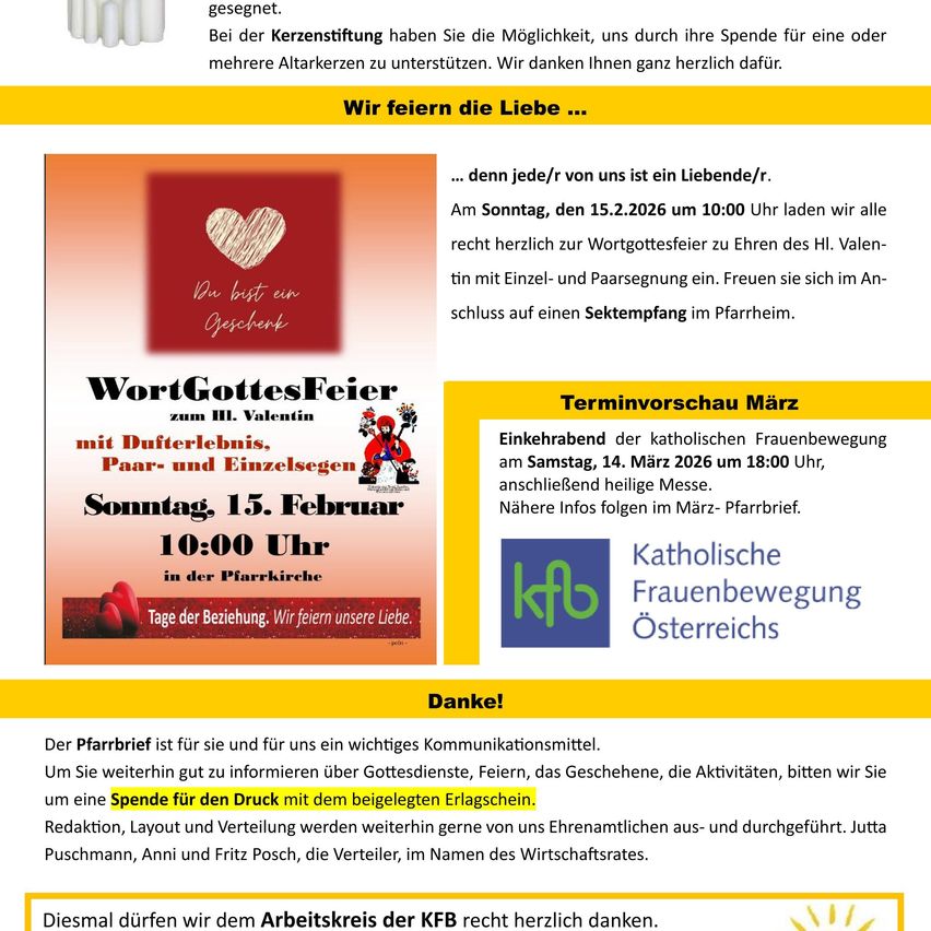 Das Bild zeigt einen Flyer für eine Veranstaltung am 15. Februar, 10:00 Uhr, mit dem Titel 'WortGottesFeier', einem roten Herzen und Informationen über eine Segnung, eine abschließende Messe und eine Spendenaufforderung.