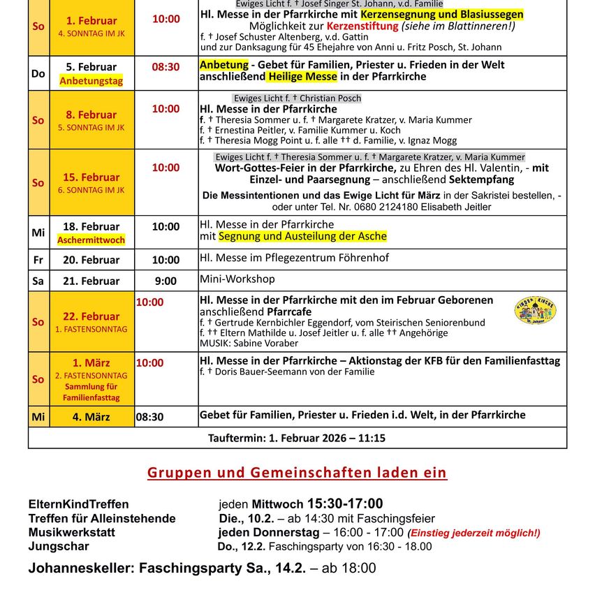 Wöchentliche Gottesdienste und Veranstaltungen für die Gemeinschaft sind geplant, einschließlich Familienmessen, Gebetsgruppen und Workshops. Besondere Veranstaltungen wie ein Familientreffen und ein Mini-Workshop sind ebenfalls aufgelistet. Eine Taufzeremonie ist für den 1. Februar 2026 geplant.