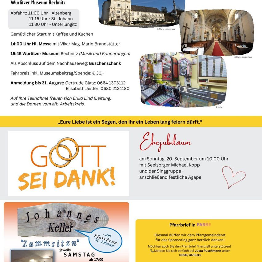 Ein Veranstaltungsposter mit Details über einen Gottesdienst, Museumsbesuch und Jubiläumsfeier. Es enthält Zeiten, Orte und Kontaktinformationen.