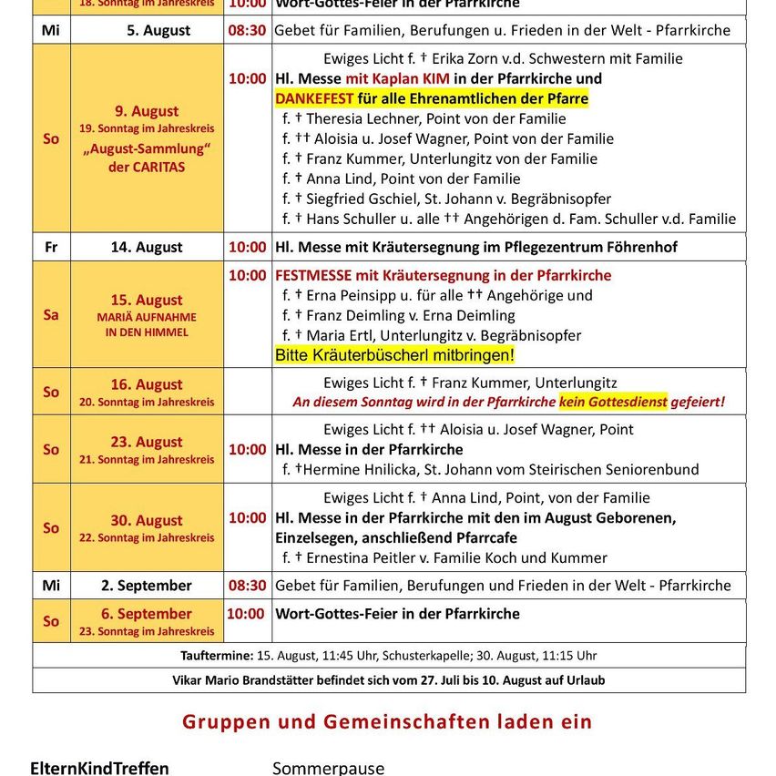 Eine Kalenderseite zeigt religiöse Gottesdienste und Veranstaltungen in einer Kirche an, einschließlich Datum, Uhrzeit und Beschreibungen der Ereignisse. Die Seite ist in einem Rasterformat organisiert mit Spalten für den Wochentag, das Datum und die Veranstaltungsdetails.