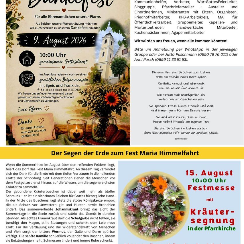 Plakat für das Dunkelfest am 9. August 2026, mit einer Kirche, einer Kerze und Blumen. Es lädt alle zu einem gemeinschaftlichen Treffen und Essen ein, mit Fokus auf Gemeinschaft und gemeinsame Erlebnisse.