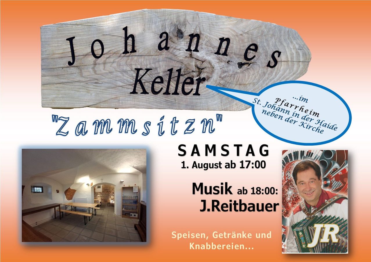 Plakat für Johannes Kellers Zusammenkunft am Samstag, 1. August, mit einem Holzschild, einem Foto eines Raumes und einem lächelnden Mann, der Akkordeon spielt.
