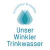 The logo for 'Unser Winkler Trinkwasser' features a droplet with layers of blue and green, symbolizing purity and nature, set against a black background.
