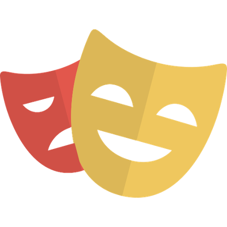 Zwei Theatermasken nebeneinander. Eine rot mit traurigem Ausdruck, die andere gelb mit glücklichem Ausdruck.