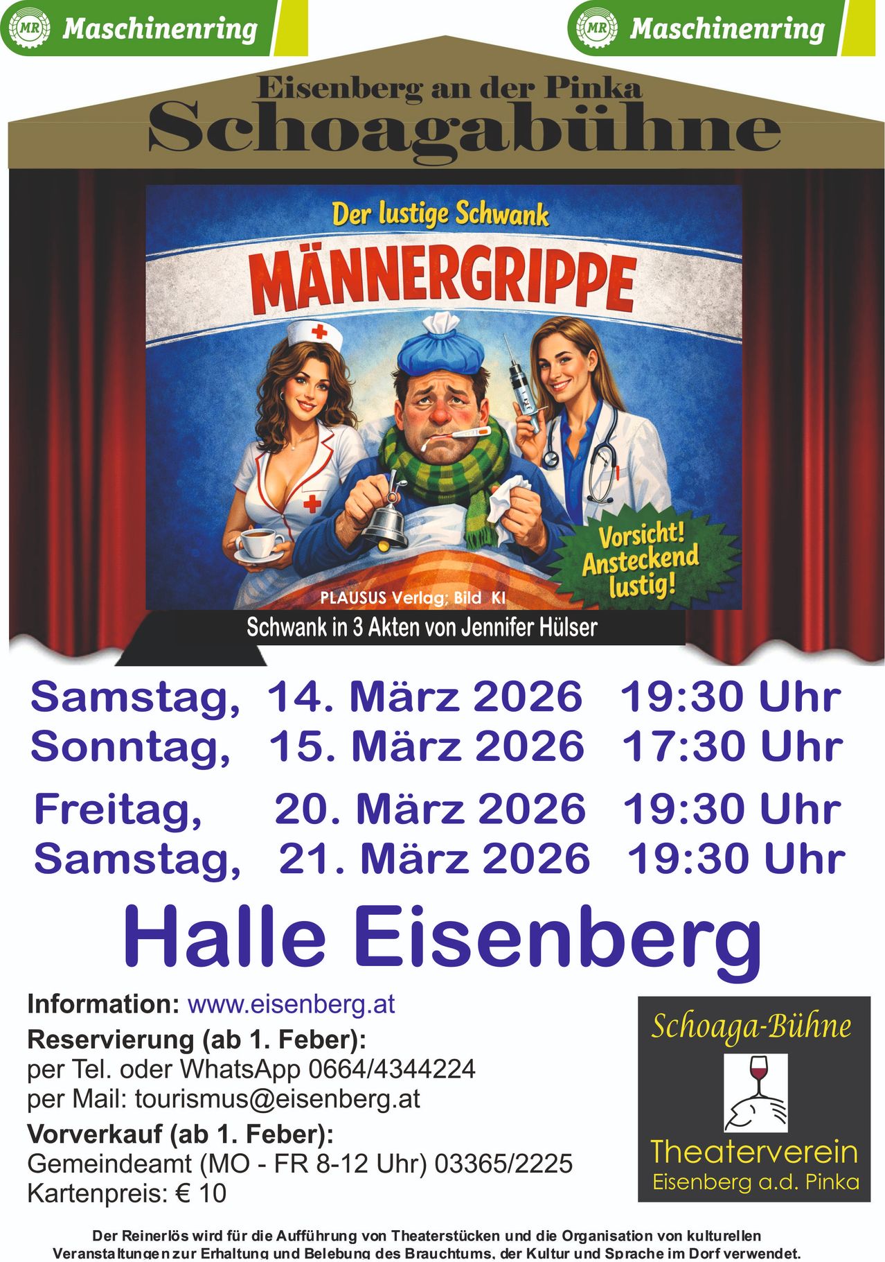Poster for the play "Männergrippe" by Jennifer Hülser, showing a humorous scene with a man in a hospital bed. Dates and times for performances in March 2026 are listed.
