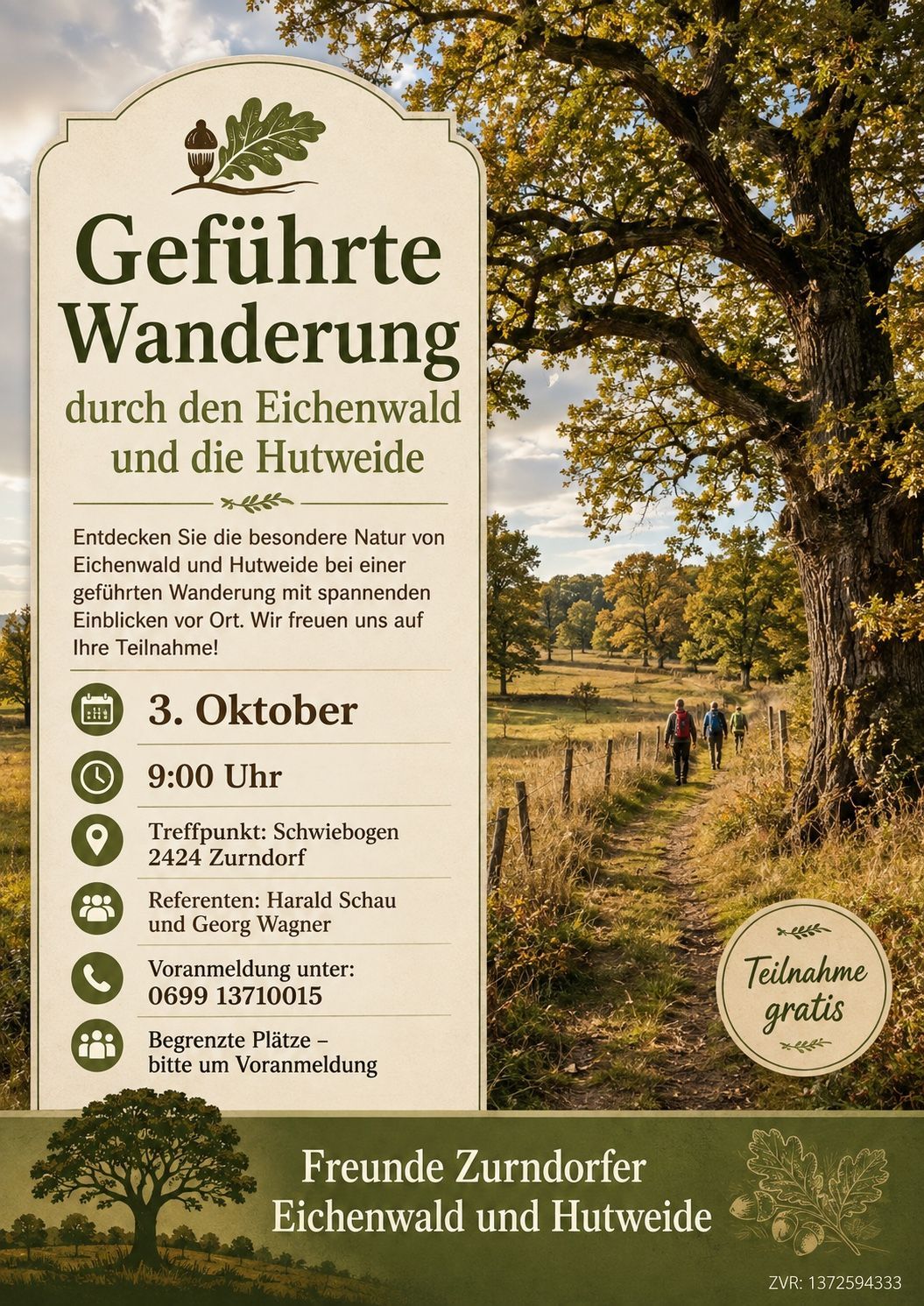 Poster for a guided hiking tour through Eichenwald and Hutweide, scheduled for October 3rd at 9:00 AM. Meeting point is Schwiebogen 2424 Zurndorf. Contact persons are Harald Schau and Georg Wagner. Registration is free.