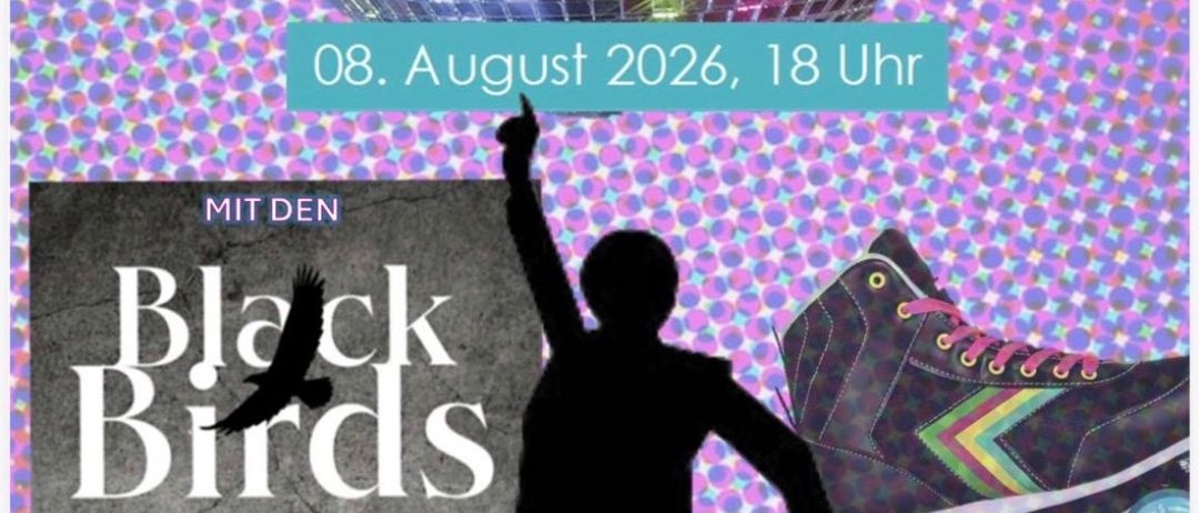 Poster for a 70s and 80s themed party featuring a silhouette of a person dancing, a disco ball, a record player, and a roller skate. The poster includes the date, time, and a slogan.