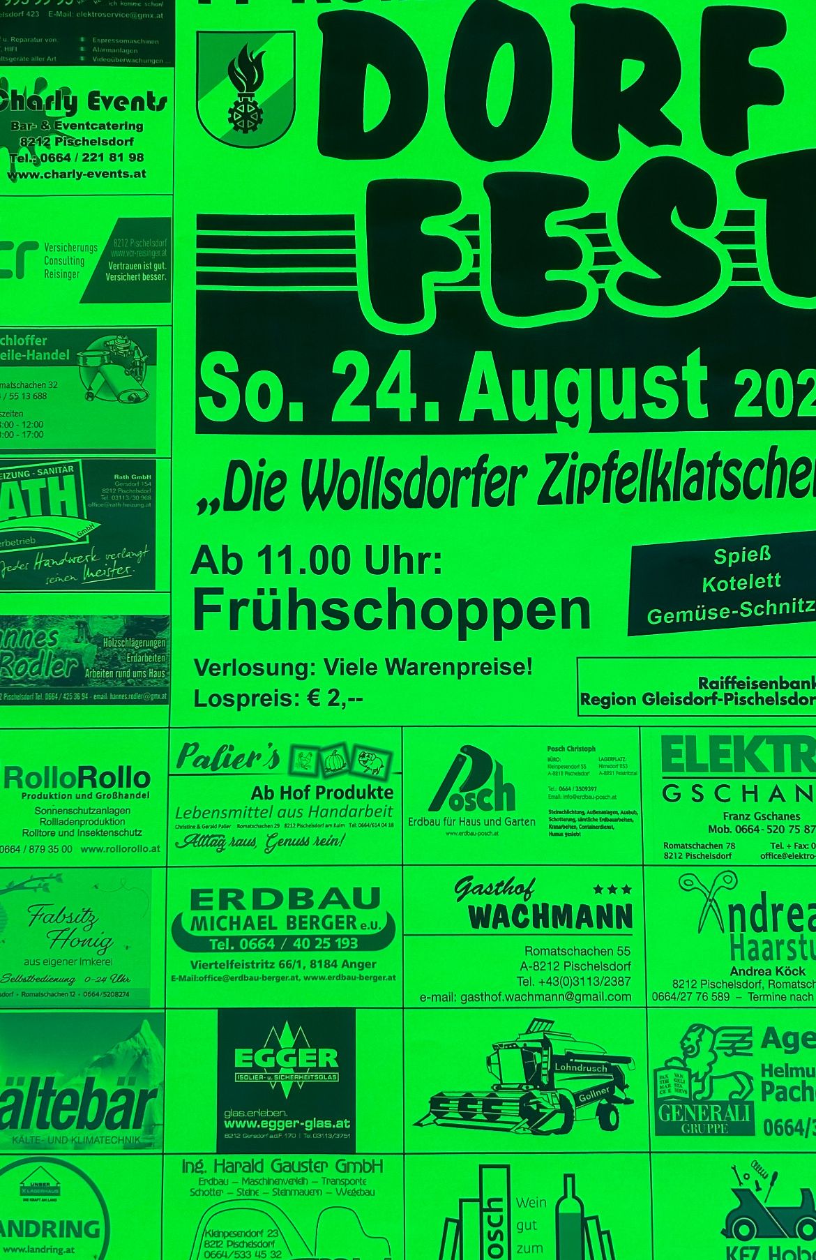 Poster mit grünem Hintergrund. Oben steht 'So. 24. August 2024'. Darunter steht 'Die Wollsdorfer Zipfelklatscher'. Die Zeit wird mit 'Ab 11.00 Uhr: Fruhschoppen' angegeben. Darunter steht 'Verlosung: Viele Warenpreise! Lospreis: 2,-'. Mehrere Logos und Texte sind auf dem Poster vorhanden.