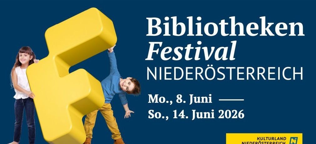 Ein Plakat für das Bibliothek Festival Niederösterreich, das ein Kind zeigt, das einen gelben Block erklimmt. Gezeigte Termine sind Montag, 8. Juni bis Sonntag, 14. Juni 2026.