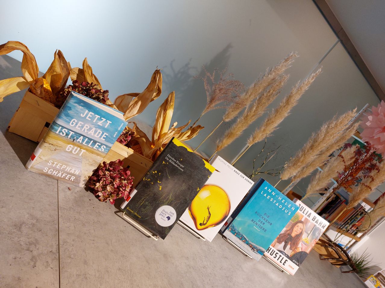 Eine Sammlung von Büchern auf einem Tisch, einschließlich Titel wie 'Jetzt gerade ist alles gut', 'Die buckner Renter' und 'Hustle', in einer Reihe angeordnet. Die Bücher sind von getrockneten Pflanzen umgeben.