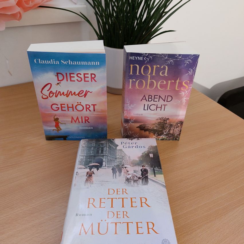 Three books on a wooden table, including 'Der Retter der Mutter', 'Abendlicht' by Nora Roberts, and 'Dieser Sommer gehort mir' by Claudia Schaumann.