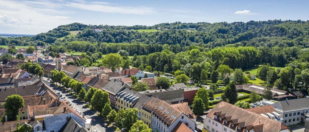 Luftaufnahme einer Stadt mit mehreren Gebäuden, Straßen und üppigen grünen Bäumen unter einem klaren blauen Himmel.