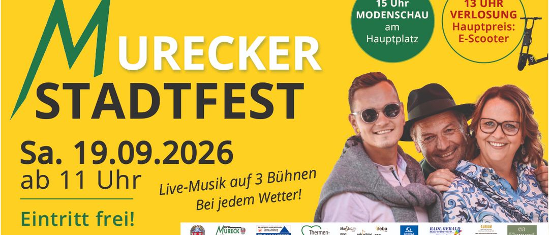 Plakat für Urecker Badfest am 9. September 2026. Es zeigt zwei Männer, einen mit Sonnenbrille und Schal, den anderen mit Hut. Das Plakat betont Live-Musik auf drei Bühnen, unabhängig vom Wetter.