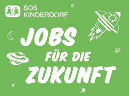 Grüner Hintergrund mit weißen Texten, Raketen-, Mond- und Planetensymbolen. Der Text lautet 'Jobs für die Zukunft'.